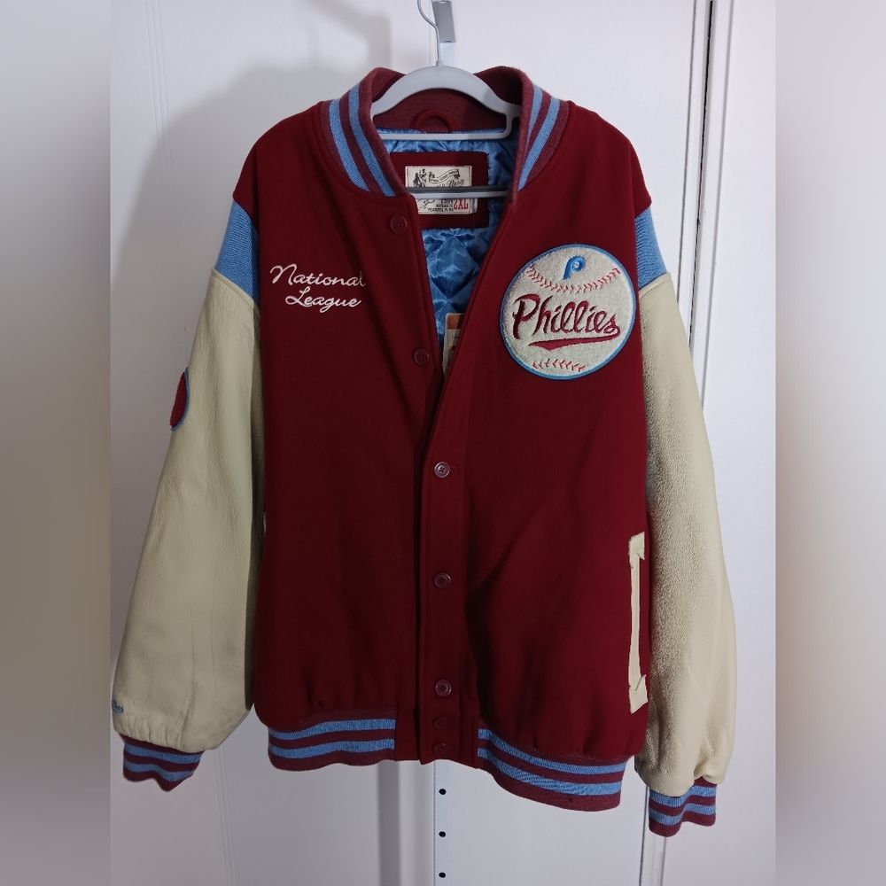 Mitchell & Ness Phillies Maroon, Cream & Light Blue Varsity Jacket